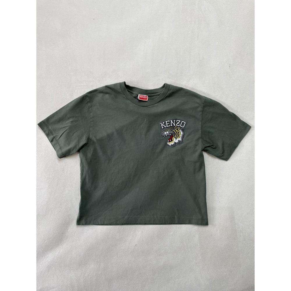 Kenzo Paris Mens Tiger Patch Embroidered T-Shirt Green Boxy Fit Tee